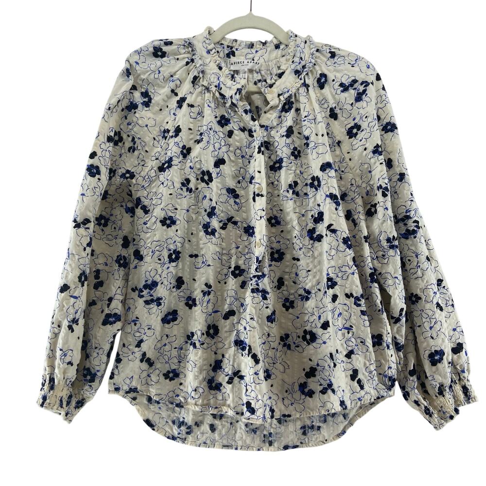 Apiece Apart Cream Floral Button-Up Blouse with Navy Print